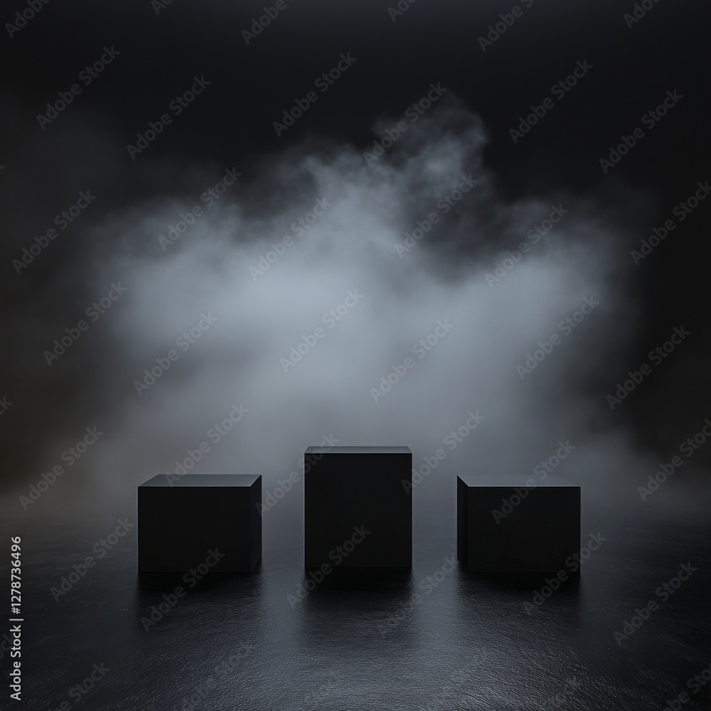 Aufkleber Minimalist Black Cubes Display on Dark Stage with Atmospheric Fog Background - Product Presentation