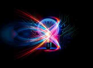 A glowing lightbulb, its filament a circuit board, sits amidst vibrant, swirling circuit lines, symbolizing innovation and technological advancement.