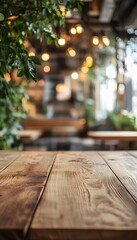 Wooden table foreground with blurred restaurant interior background