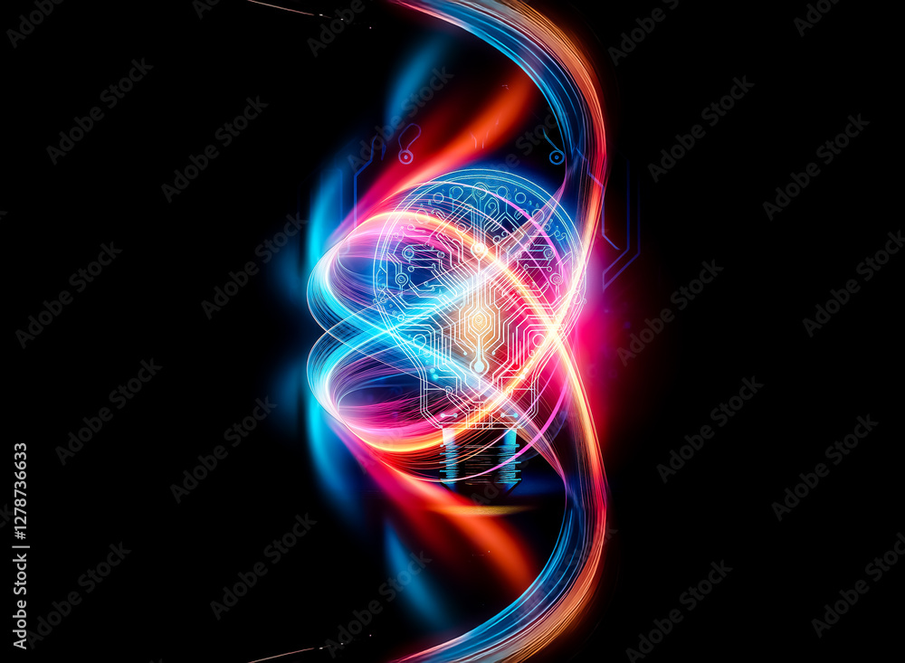Aufkleber a glowing lightbulb, its filament replaced by intricate circuitry, sits on a reflective surface agai