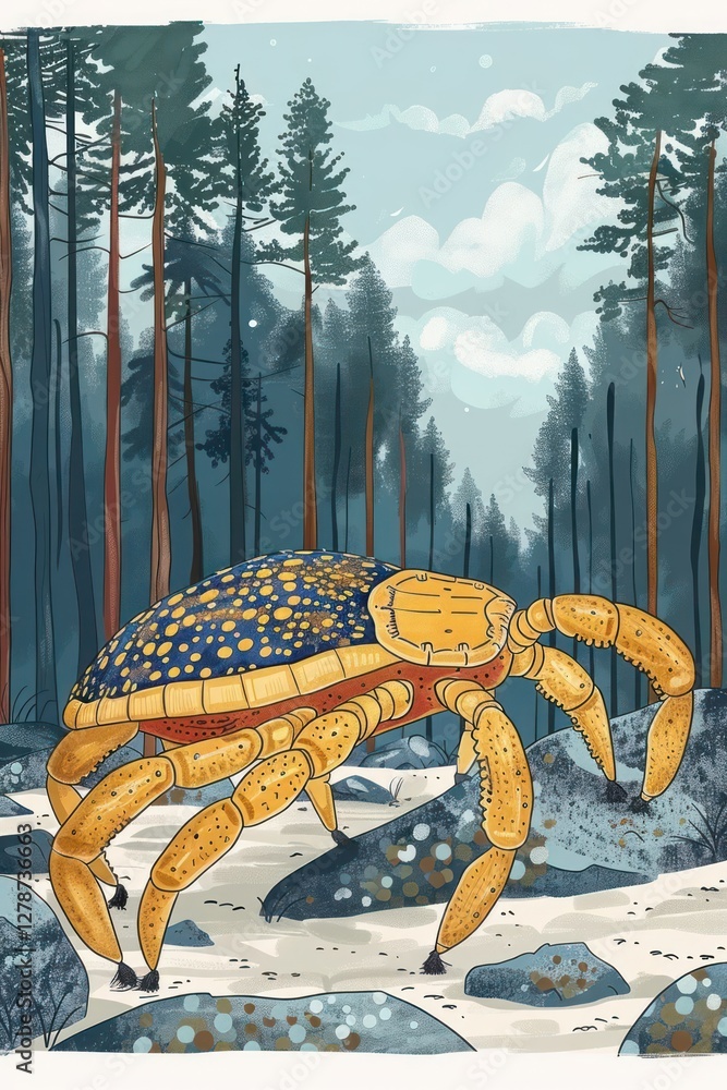 Poster a whimsical crab-like creature with a colorful shell in a forest setting.