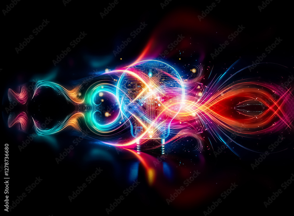 Poster glowing lightbulb with integrated circuit design, radiating energy and innovation. sparkling connect