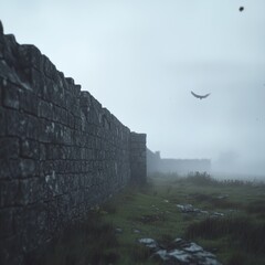 Fototapeta premium Misty Stone Wall and Silent Flight: Eerie Irish Landscape with a Medieval Stone Wall and Bird Flying Through Fog