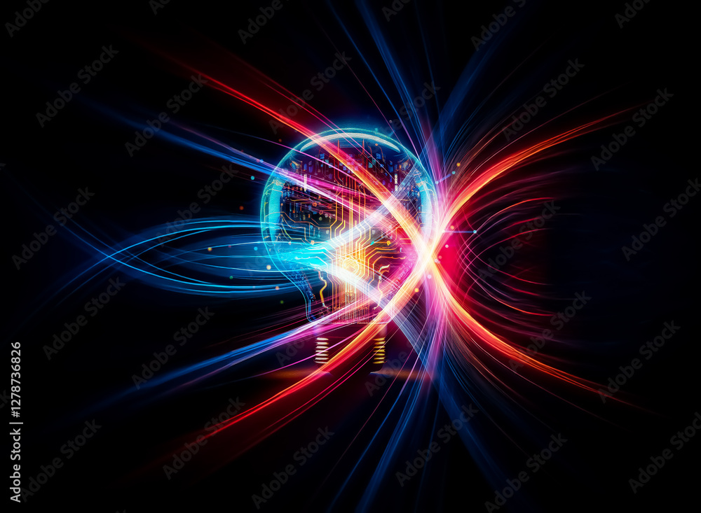 Poster glowing lightbulb with internal circuitry, sparks emanating. symbolic of innovation, technology, and