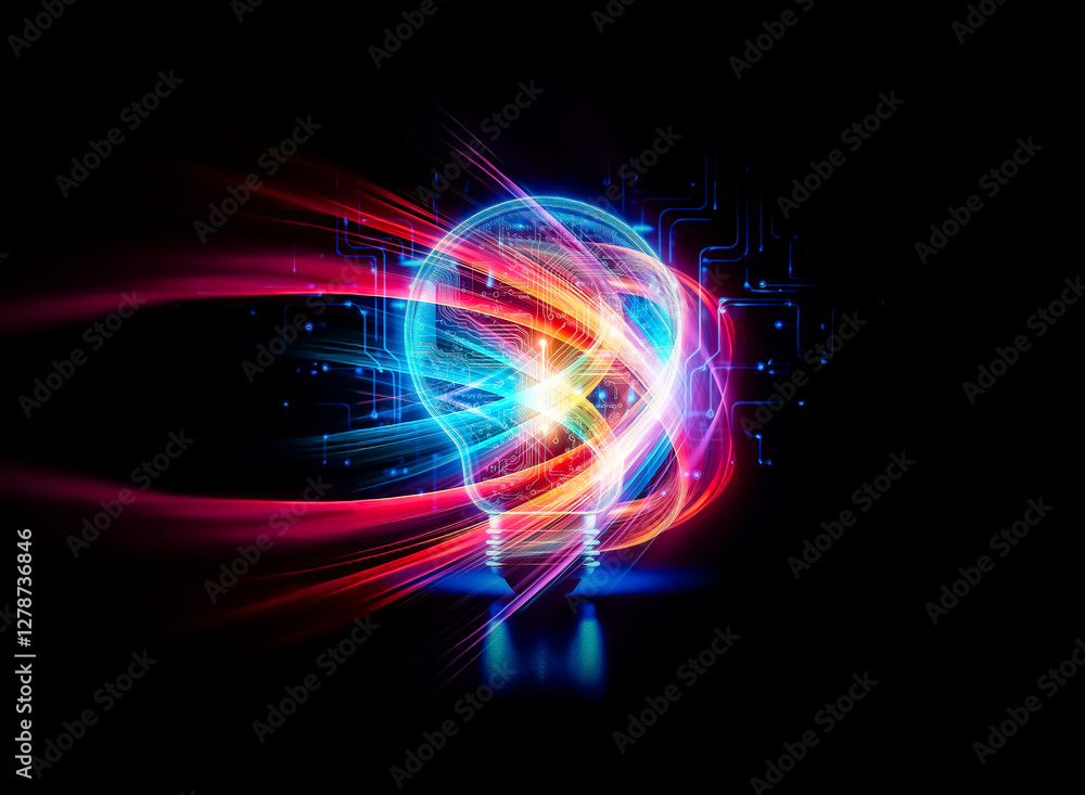 Poster a glowing lightbulb, its interior a complex circuit board, illuminates against a dark background of 