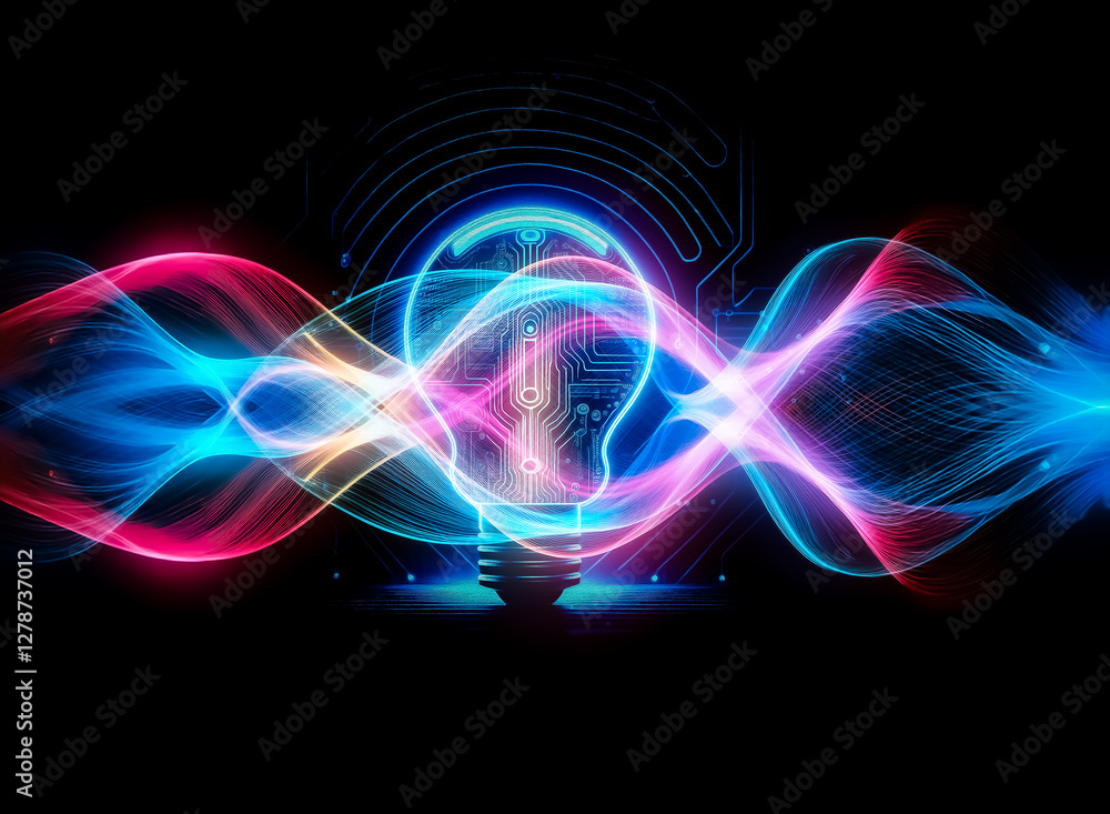 Poster A glowing lightbulb, its filament replaced by a circuit board, sits on a dark reflective surface against a backdrop of intricate electronic circuitry, symbolizing innovation and technological advancem