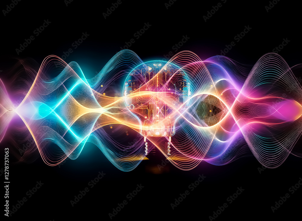 Poster a glowing lightbulb with integrated circuit board design, emitting a futuristic, ethereal glow again