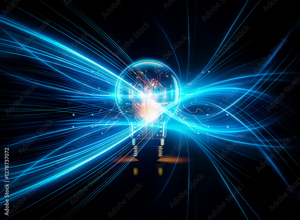 Aufkleber A glowing lightbulb, its filament replaced by a circuit board, symbolizes innovation and technological advancement.  Surrounding circuitry enhances the futuristic feel.