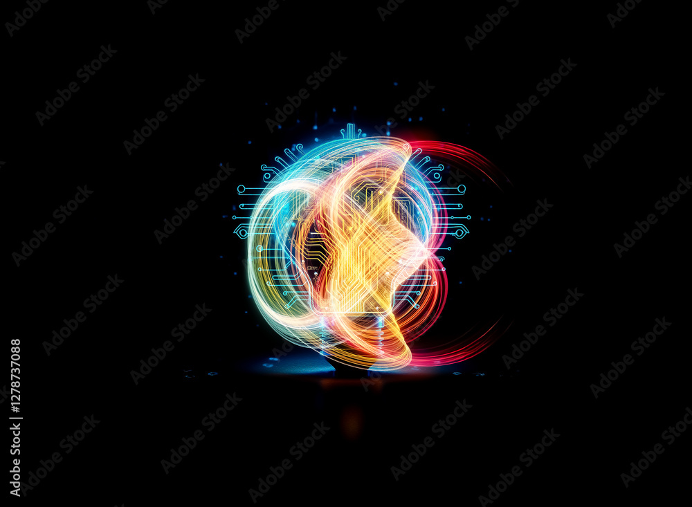 Aufkleber a glowing lightbulb, its filament replaced with a circuit board, illuminates against a dark backgrou
