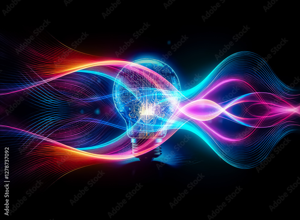 Leinwandbilder A glowing lightbulb, its filament replaced by intricate circuitry, sits on a reflective surface against a backdrop of digital patterns.  It symbolizes innovation and technological advancement.
