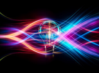 A glowing lightbulb, its interior etched with intricate circuitry, illuminates a dark background.  The design symbolizes innovation and technological advancement.