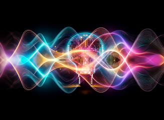 Fototapeta premium A glowing lightbulb with integrated circuit board design, emitting a futuristic, ethereal glow against a dark background. The image symbolizes innovation and technological advancement.