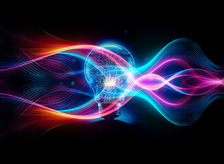 A glowing lightbulb, its filament replaced by intricate circuitry, sits on a reflective surface against a backdrop of digital patterns.  It symbolizes innovation and technological advancement.