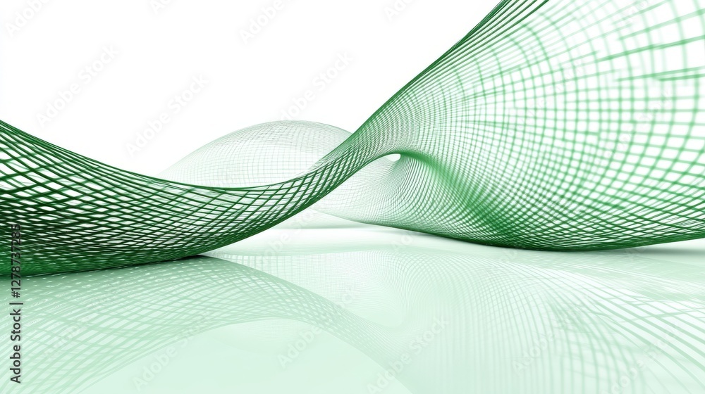 Poster serene abstract patterns of glowing lines and waves in green tones on a reflective surface