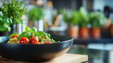 Fresh pasta dish with cherry tomatoes and basil on wooden cutting board in modern kitchen with herbs in background for healthy eating and cooking concepts.
