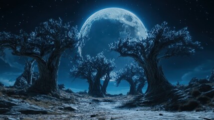 Fototapeta premium An enchanting forest on an alien planet features whimsical trees beneath a large moon illuminated by a mystical glow.