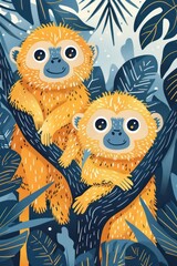 Fototapeta premium Two playful cartoon monkeys perched on a tree branch amidst vibrant foliage.