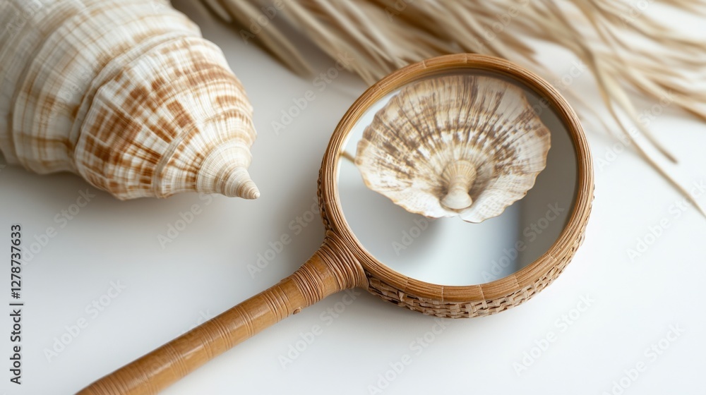 Poster close-up of a magnifying glass focusing on a shell, with natural elements in the background