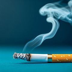 single lit cigarette with smoke curling upwards, set against blue background, creates striking visual. focus on cigarette highlights its details and smoke adds dynamic element