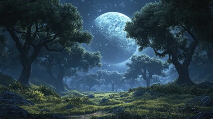 An enchanting forest on an alien planet features whimsical trees beneath a large moon illuminated by a mystical glow.