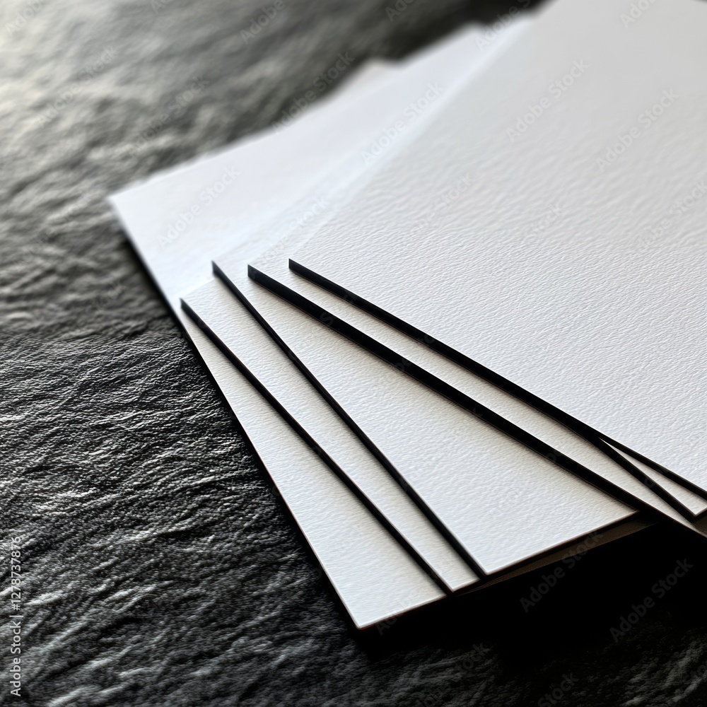 Poster Stack of Textured White Paper on Dark Background with Defined Edges & Minimalist Aesthetic.
