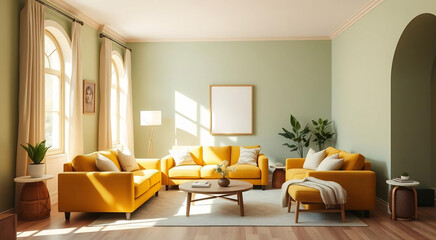 Bright Living Room with Yellow Sofas Light Green Walls and Daylight from Arched Windows
