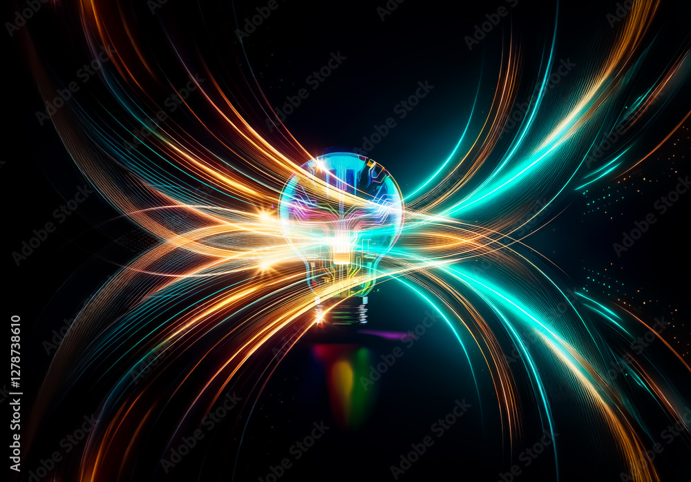 Poster a luminous lightbulb with vibrant, circuit board patterns illuminates the dark. symbolizes a bright,