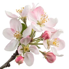 Fototapeta premium Apple Blossom Flowers on White Background. A close-up of delicate pink and white apple blossom flowers with soft petals and yellow stamens, isolated on a clean white background