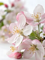 Naklejka premium Close-Up of Apple Blossoms in Springtime Bloom. Delicate pink and white apple blossom flowers blooming on a tree branch, symbolizing the freshness and renewal of spring