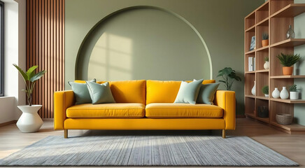 Bright Yellow Sofa in Modern Living Room with Sage Green Accents and Wooden Shelving