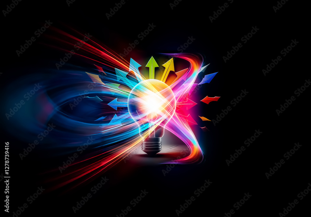 Aufkleber a vibrant lightbulb radiates colorful arrows outward against a dark backdrop, symbolizing innovation