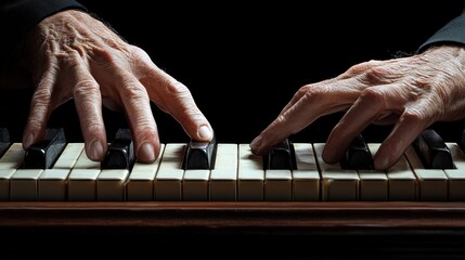 Fototapeta premium Aged hands playing piano keys, dark background