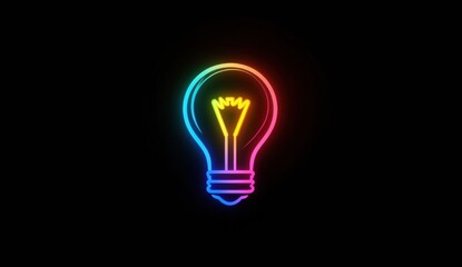3D render of a light bulb icon on a black background, with a neon light effect, holographic style, and rainbow colors