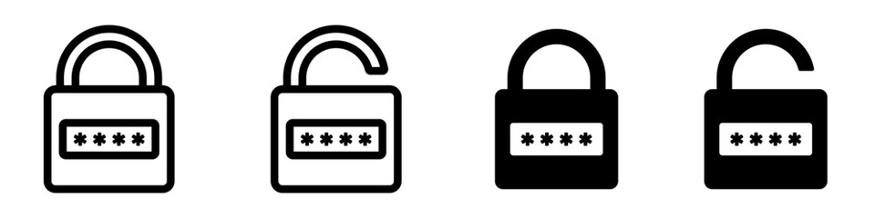 Protection lock icon. Padlock with password icon collection. Locked and unlocked padlock in line and flat design. Vector illustration. Editable stroke EPS 10