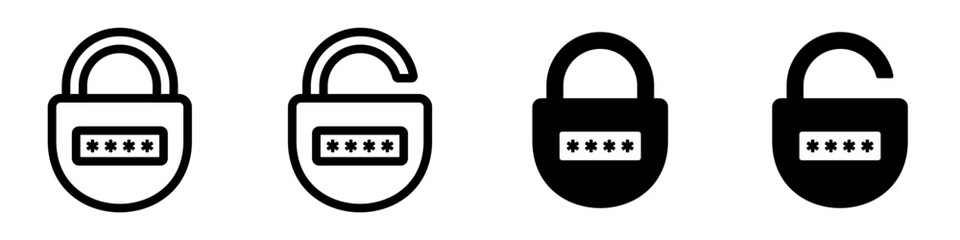 Protection lock icon. Padlock with password icon collection. Locked and unlocked padlock in line and flat design. Vector illustration. Editable stroke EPS 10