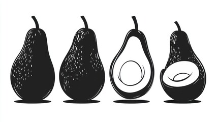 Four avocados, whole and halved, illustration, white background, food graphic