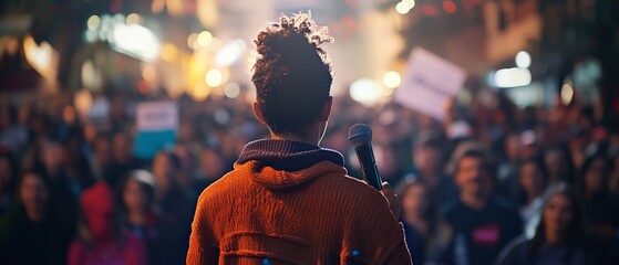 A speaker stands amidst a vibrant crowd, microphone in hand, capturing the pulse of a lively nighttime rally.