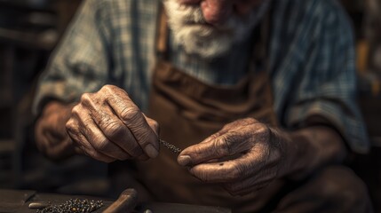 Elderly man craftsman focused on intricate woodworking details in a workshop, showcasing skillful hands and craftsmanship, art and hobby.