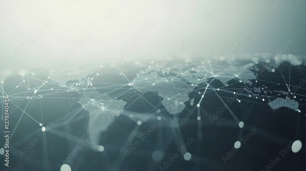 Poster abstract world map with futuristic network of connections flowing around earth, symbolizing global c