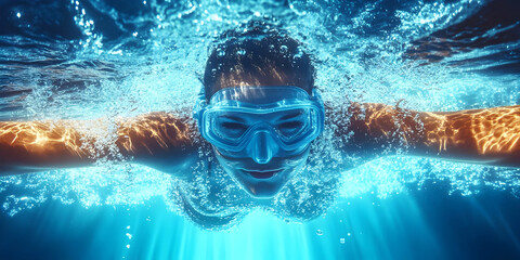 Naklejka premium Underwater Swimmer, Diving Mask, Bubbles