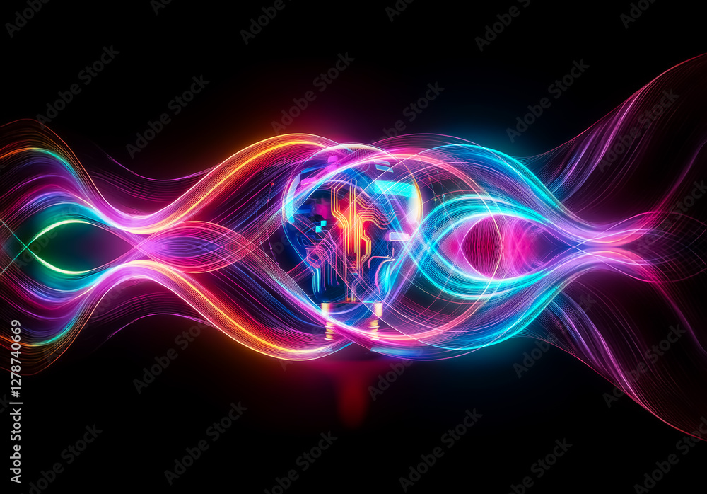 Poster illuminated light bulb with a circuit board inside, brightly glowing in neon hues against a dark bac