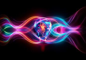 Illuminated light bulb with a circuit board inside, brightly glowing in neon hues against a dark backdrop, symbolizing innovation and digital concepts.