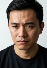 Obraz premium Close Up Portrait of Concerned Asian Man with Serious Facial Expression