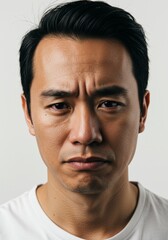 Fototapeta premium Portrait of Pensive Asian Man Showing Sadness and Concern, Close Up