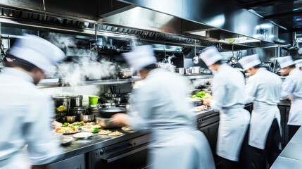 Busy chefs working in a bustling restaurant kitchen, captured with a blurred background to emphasize their focused activity.