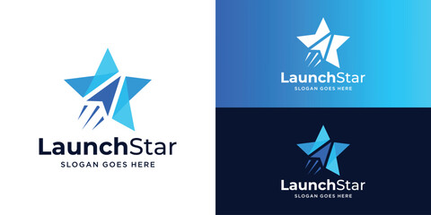 Obraz premium Creative launch star logo template. Star with arrow up graphic icons. Startup logo design vector illustration.