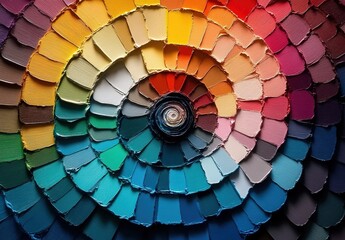 Fototapeta premium A detailed color wheel with each shade representing different colors of paint, arranged in an intricate spiral pattern, showcasing the diversity and complexity of paints for interior painting.