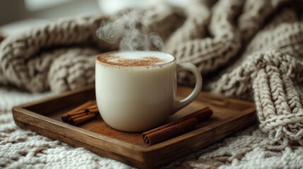 Cozy warm drink on a wooden tray, with knitted blanket, steaming mug, cinnamon sticks