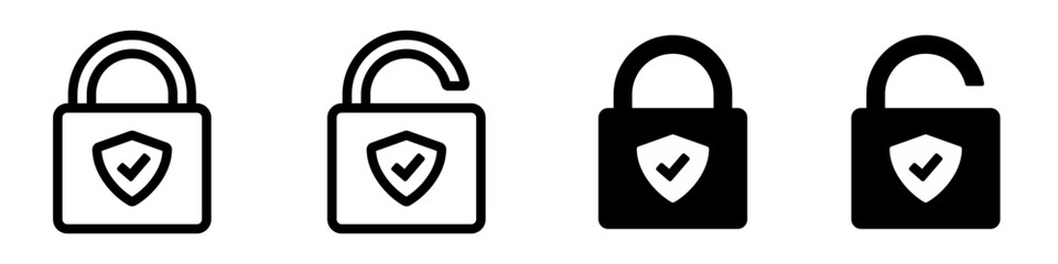 Safe protection lock icon. Padlock with shield and tick. Locked and unlocked padlock in line and flat design. Vector illustration. Editable stroke EPS 10