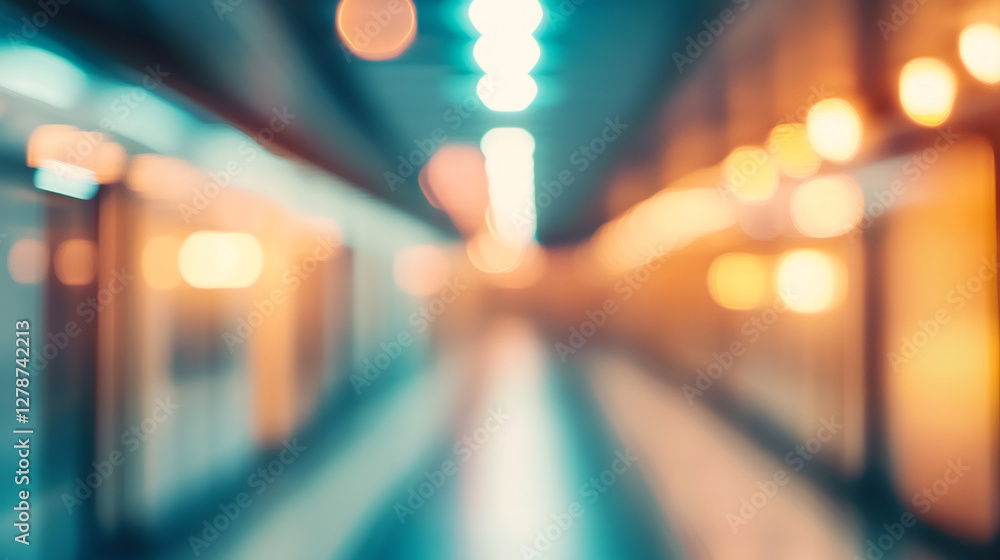 Poster Blurred corridor with lights creating a beautiful bokeh effect, ideal for backgrounds and design projects